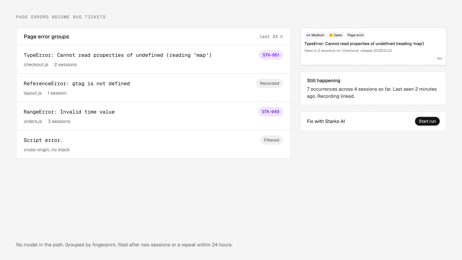 Page Errors Become Bug Tickets, With No Model in the Path
