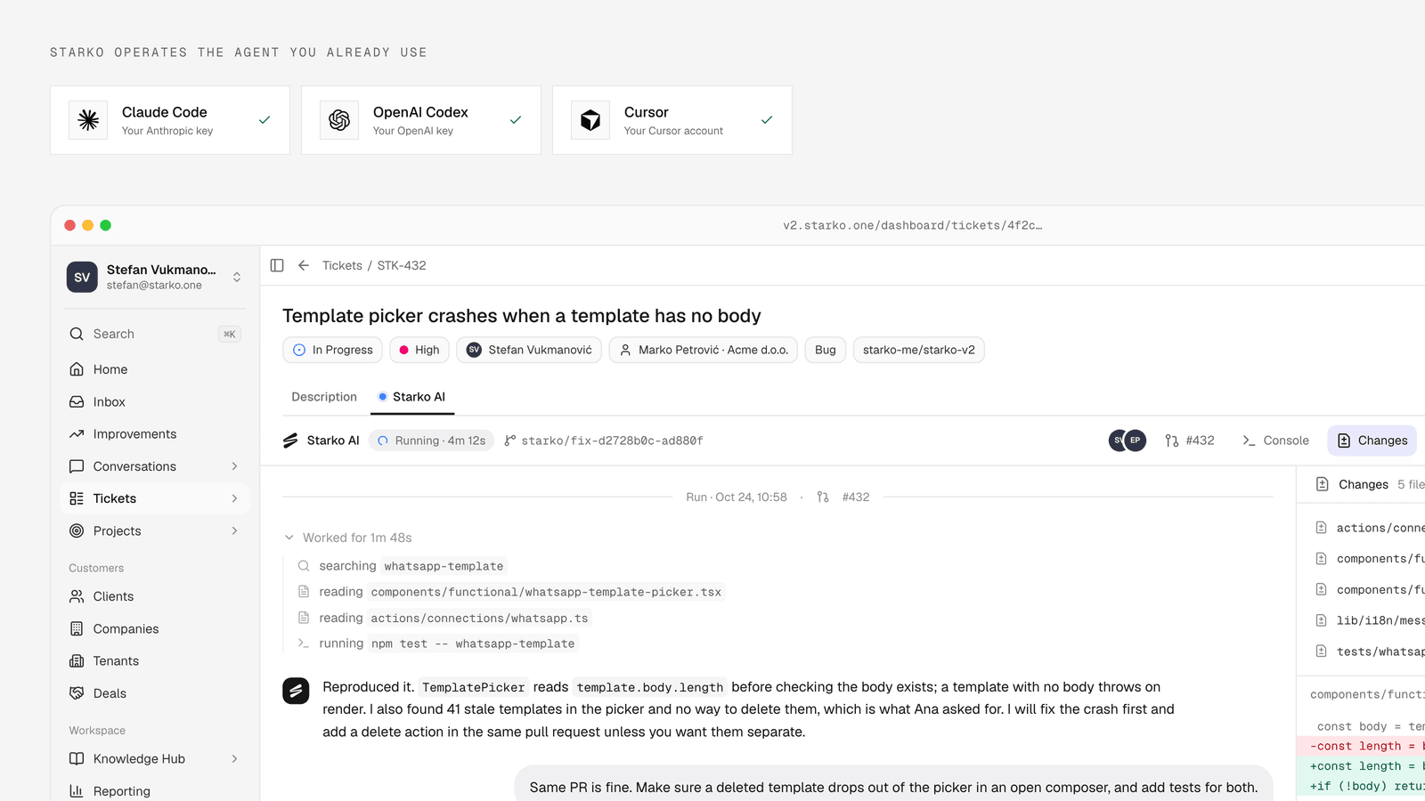 A Starko AI session on a ticket: the agent's steps stream live while the changes panel shows the files it has touched
